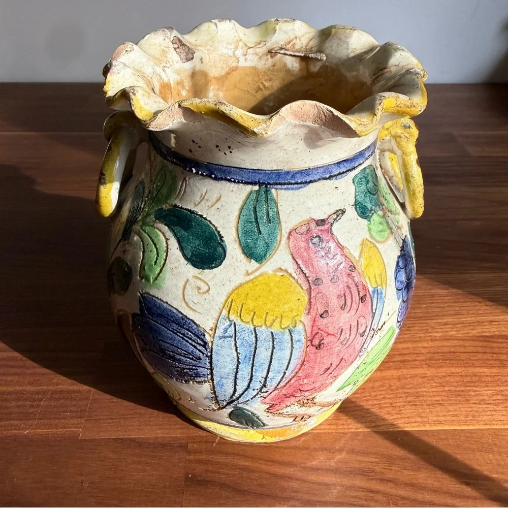 Antique Mid 20th Century Incised Italian Fluted Hand-Painted Vase